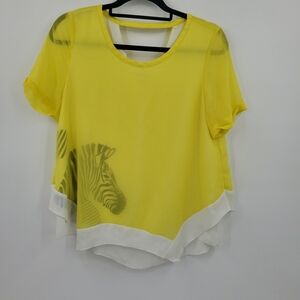 ◇◇ Etam Weekend Chiffon Blouse Zebra Accent Yellow and White